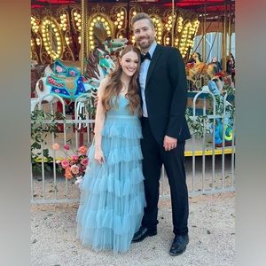 Bridesmaid Tiered Ruffle Gown in light blue Haze BCBG MAXAZRIA